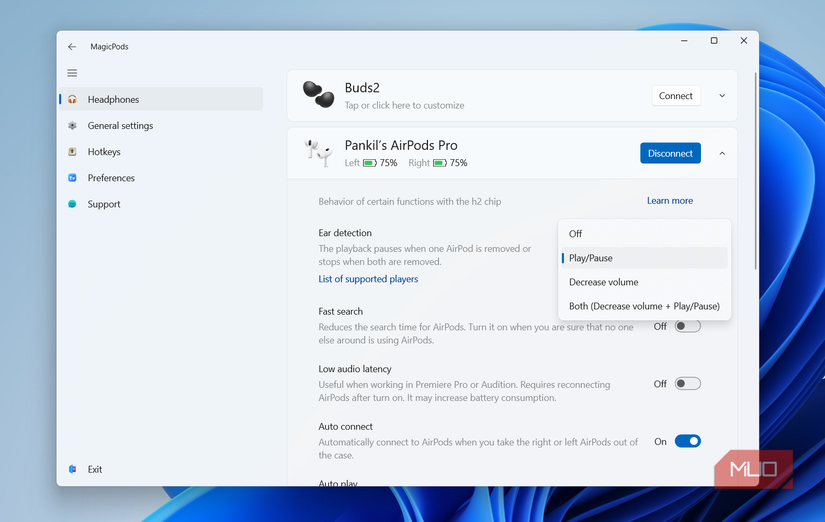 MagicPods ear detection settings