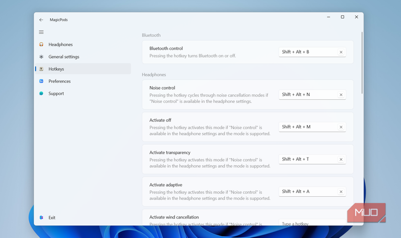 MagicPods hotkey settings on PC