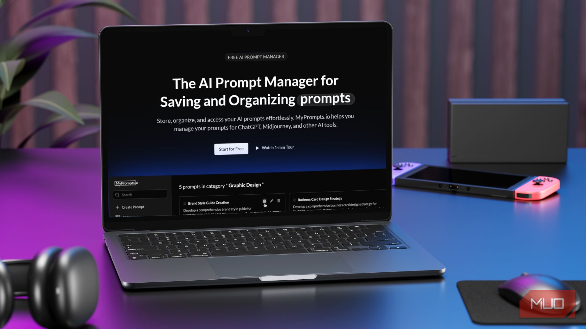 Canva mockup of the MyPrompts.io website opened on a MacBook Air laptop