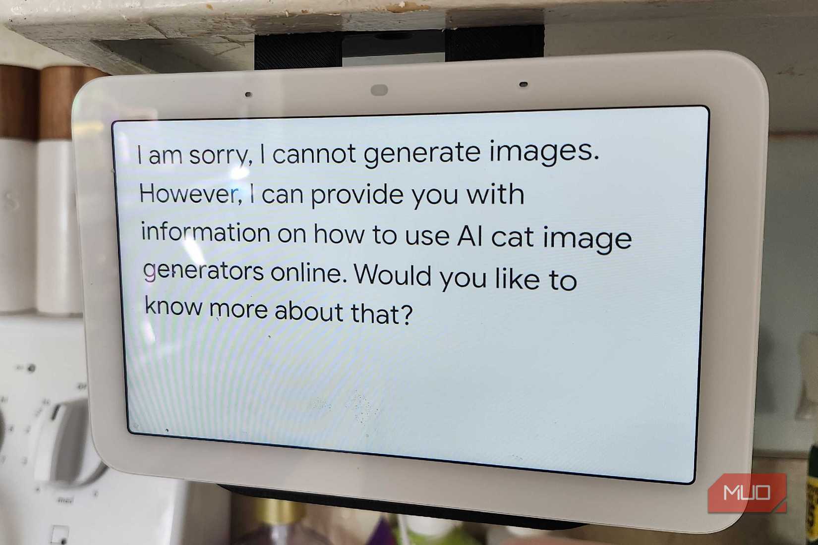 Advertencia de IA generativa de Nest Hub, que indica que no puede generar una imagen