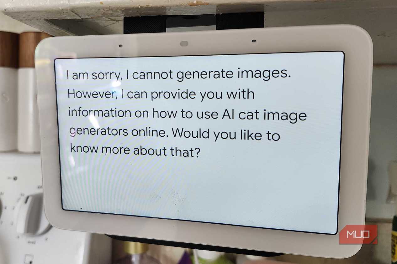 Nest Hub Generative AI warning, stating that it cannot generate a picture