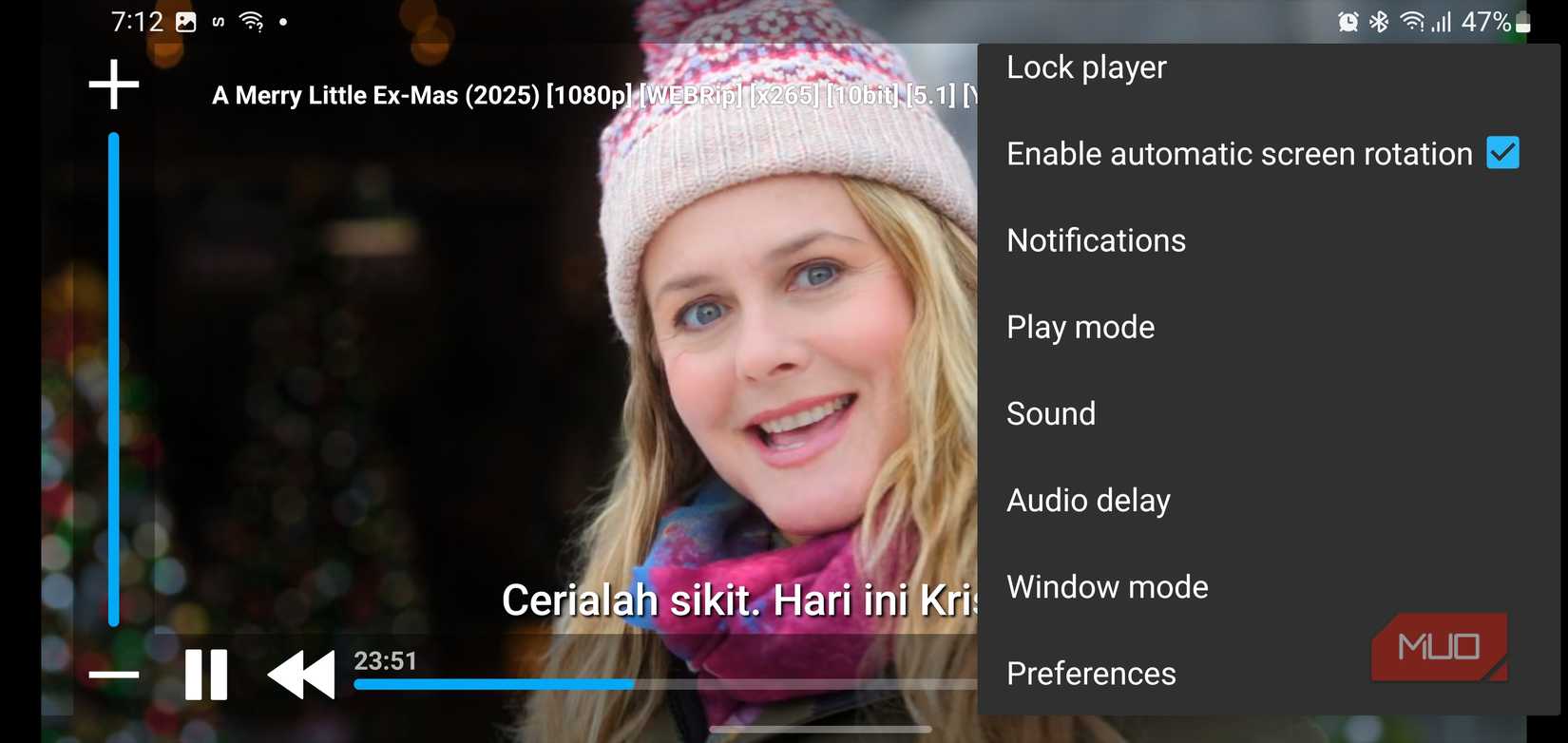 Nova Video Player context menu overlaying a movie scene.