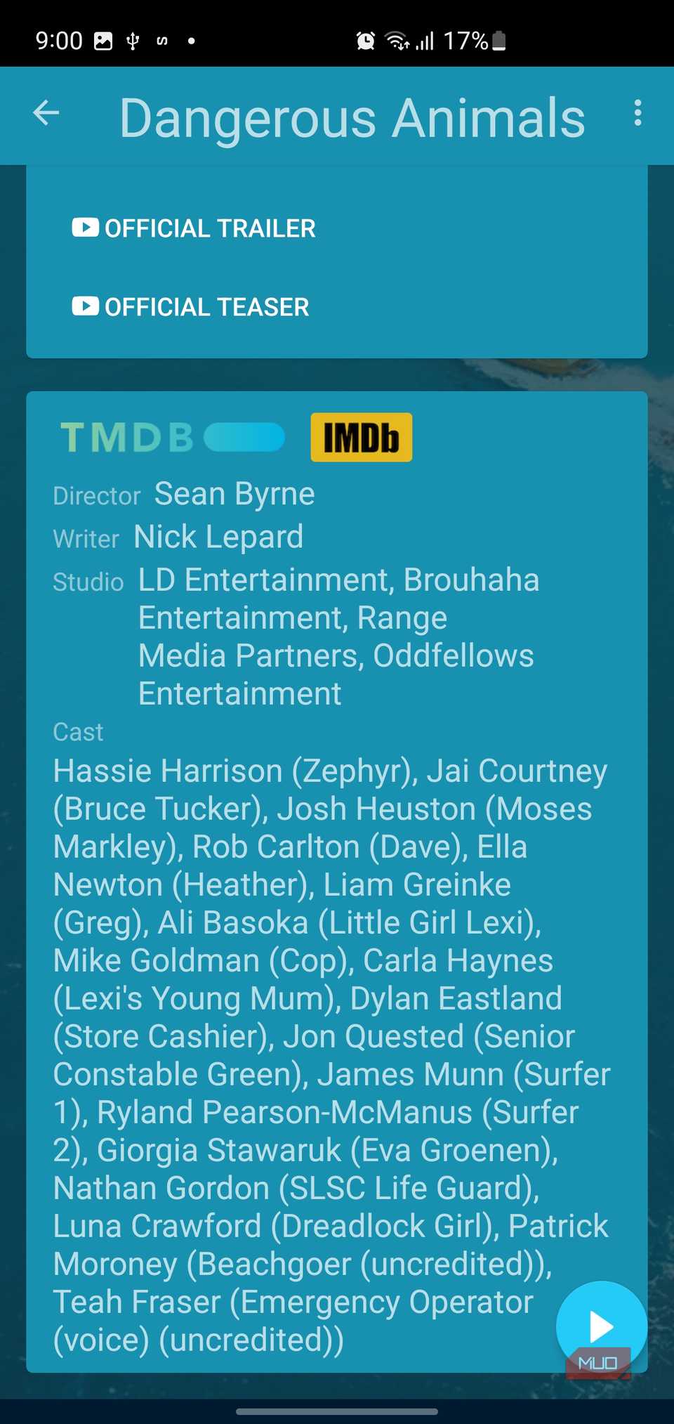 Nova Video Player credits section for the movie Dangerous Animals.