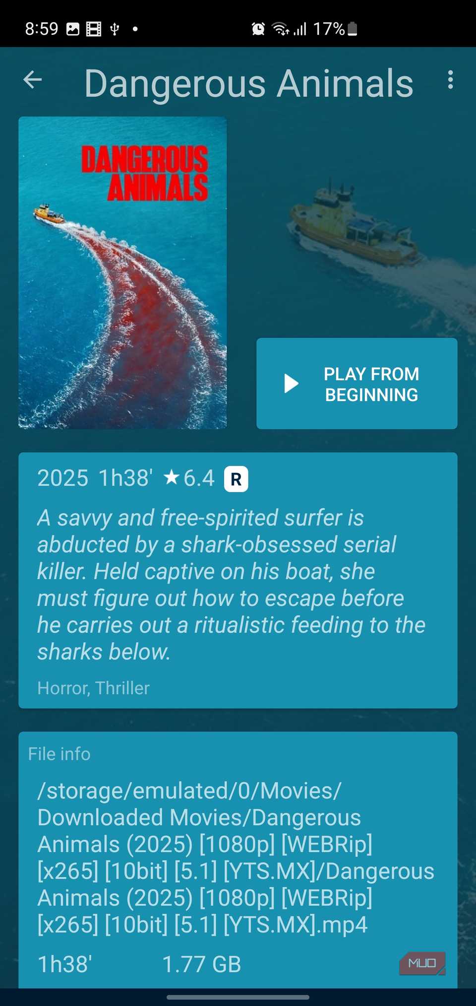 Nova Video Player movie detail screen for Dangerous Animals.