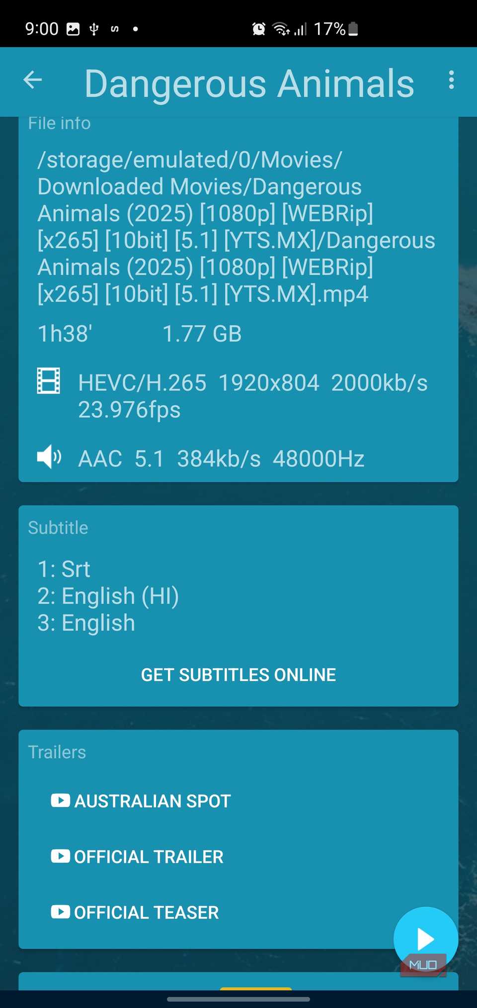 Nova Video Player technical details view displaying the file path, video codecs, and available subtitle tracks.