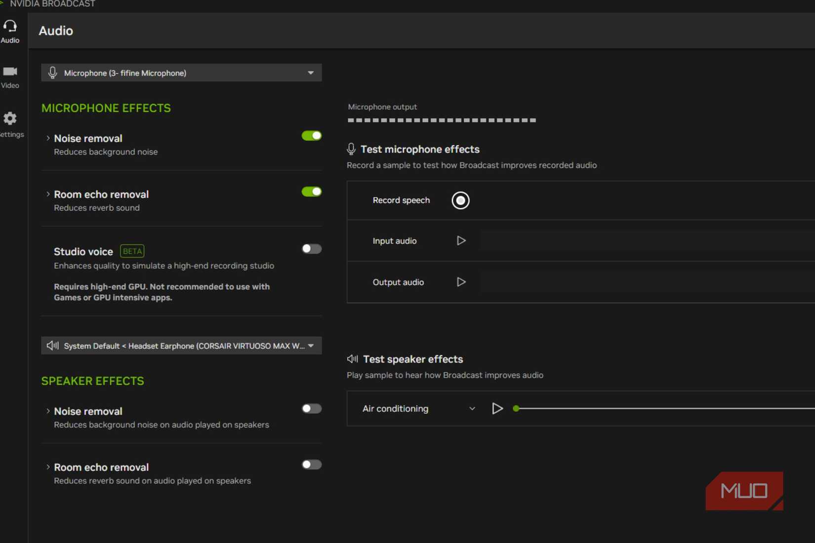 Showing the audio portion of NVIDIA Broadcast