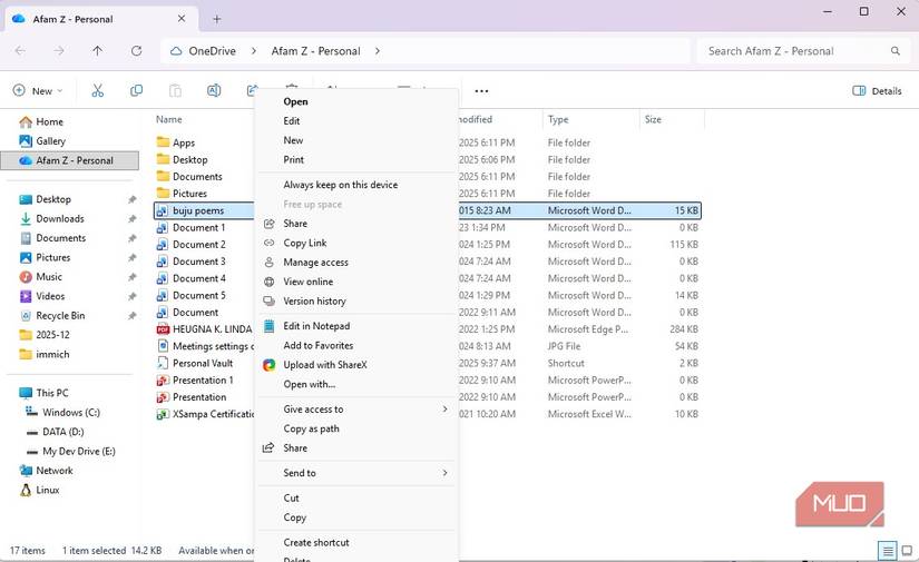 OneDrive version history option