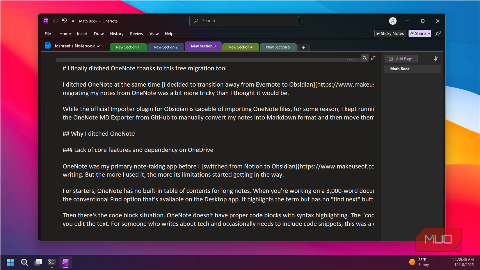 OneNote app open on Windows 11