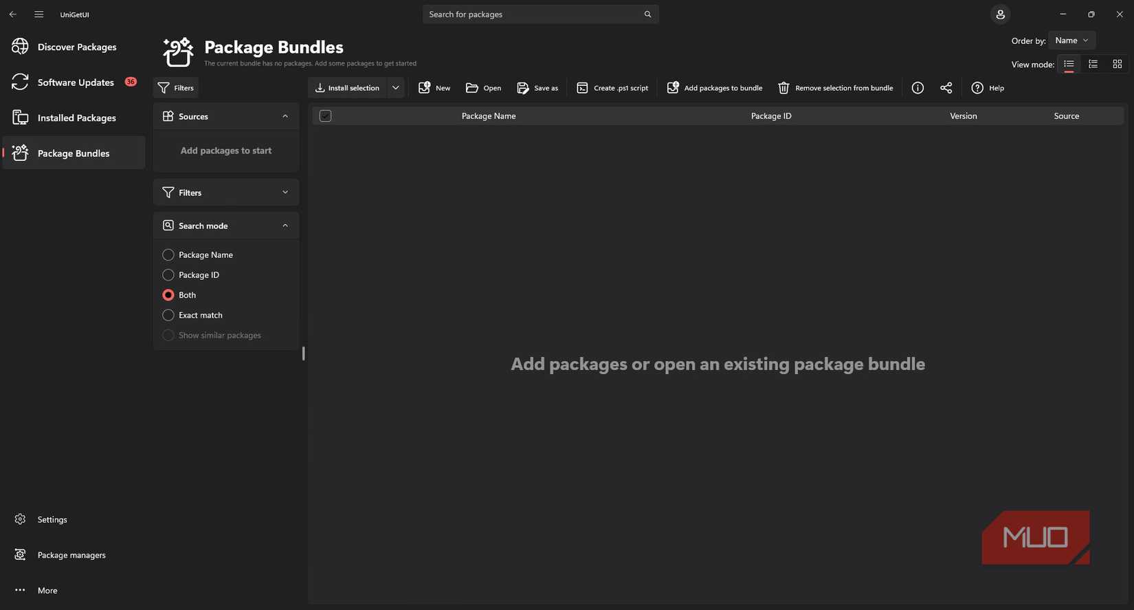 Package Bundle screen in UniGetUI.