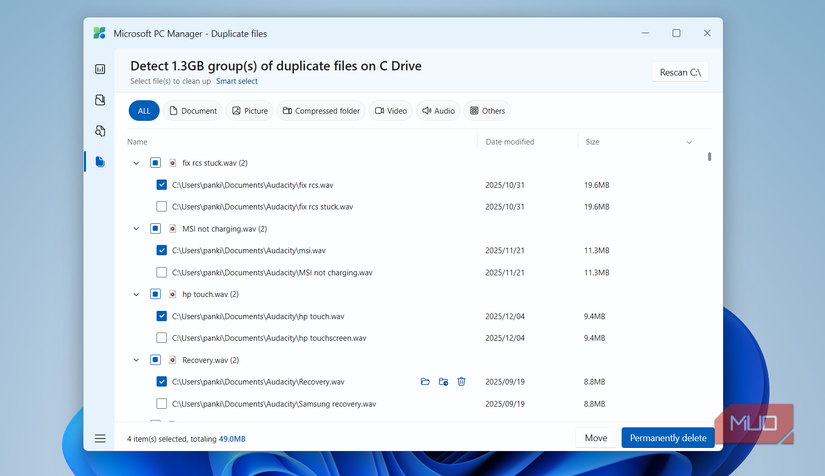 PC Manager duplicate cleanup