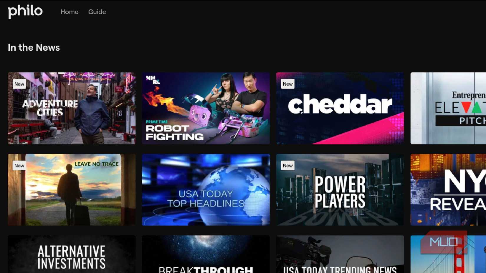 The In The News menu of Philo streaming service