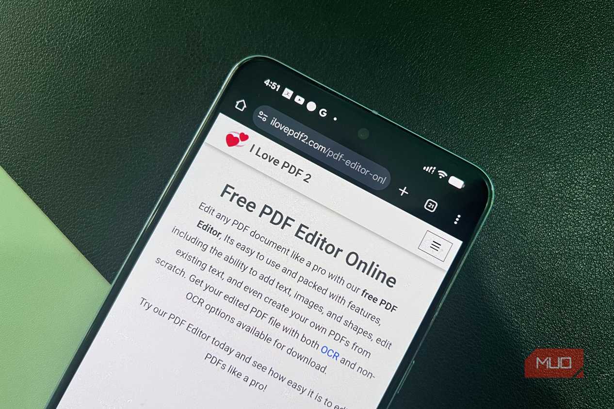 Phone with browser open displaying I Love PDF 2