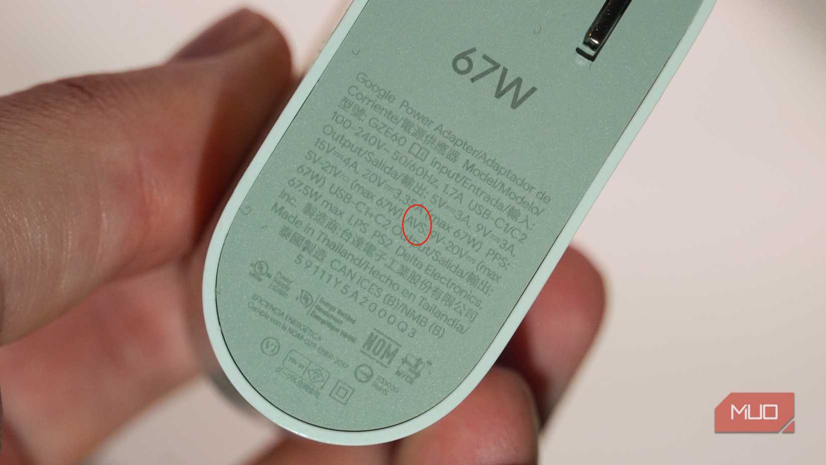 The AVS badge on a Pixel charger.