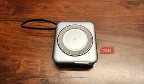 A square power bank on a table.
