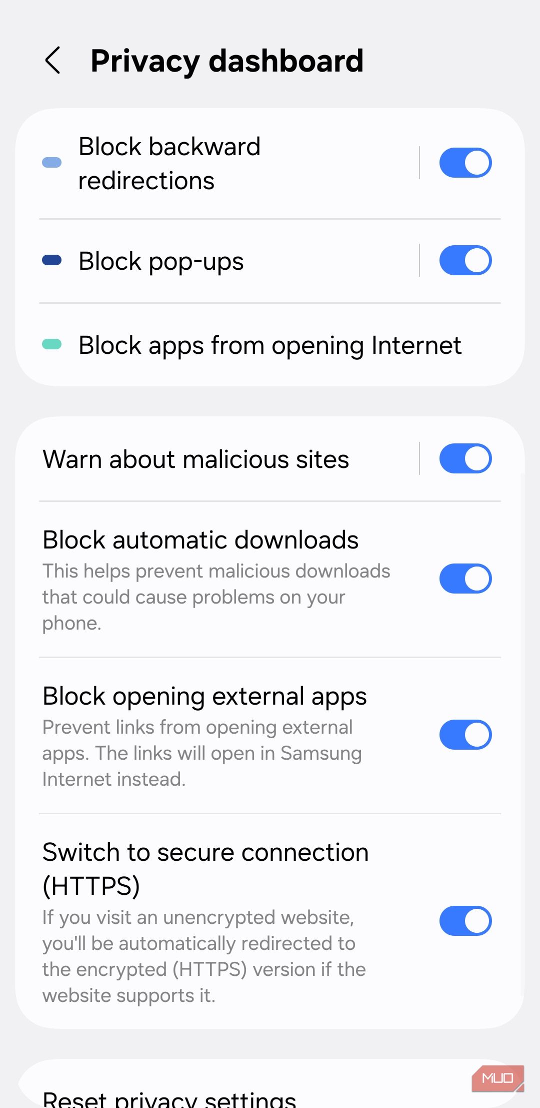 Privacy dashboard settings on Samsung Internet