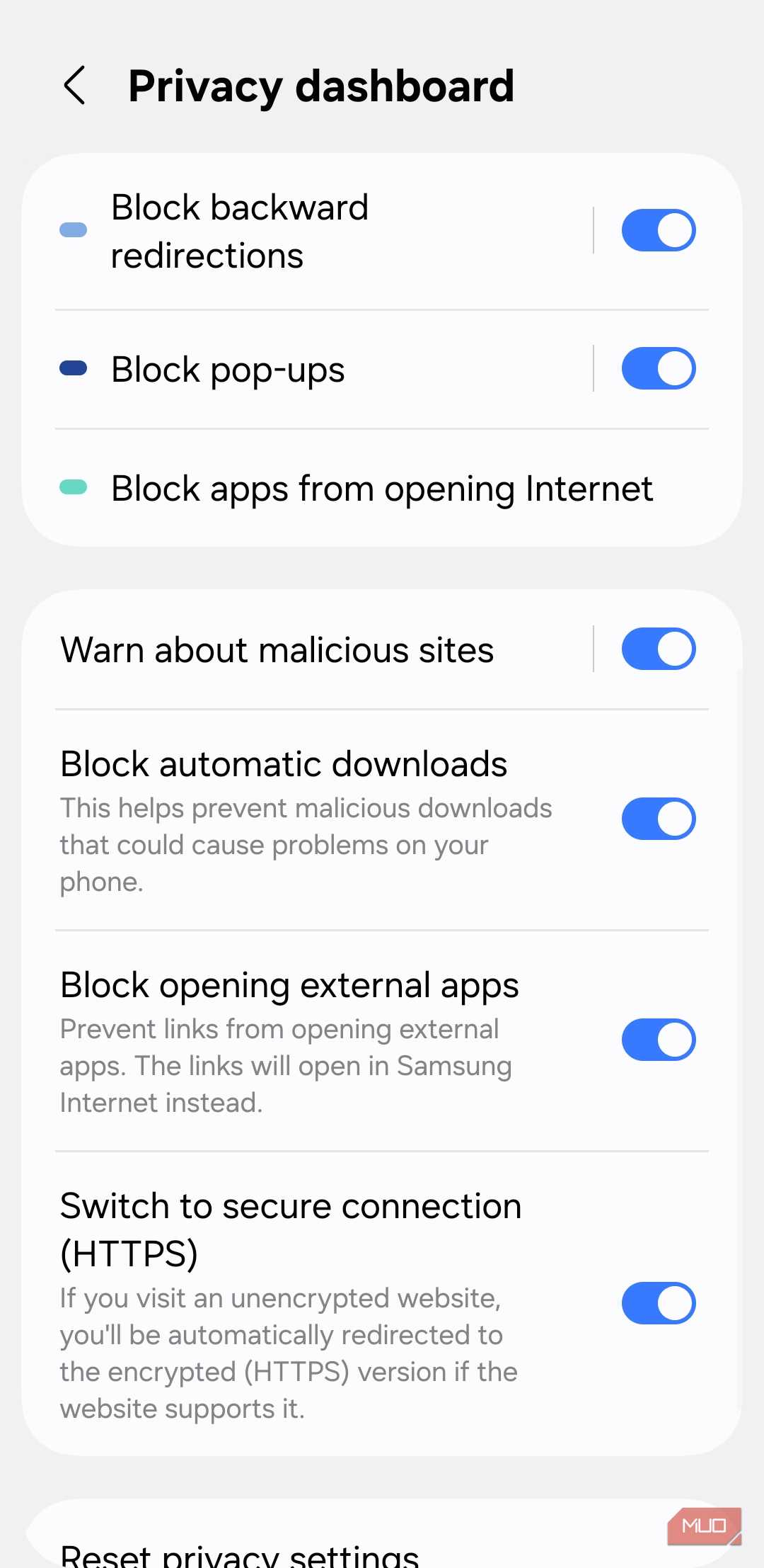 Privacy dashboard settings on Samsung Internet