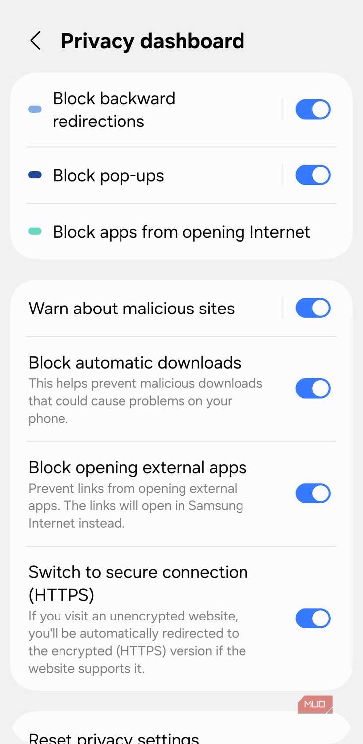 Privacy dashboard settings on Samsung Internet