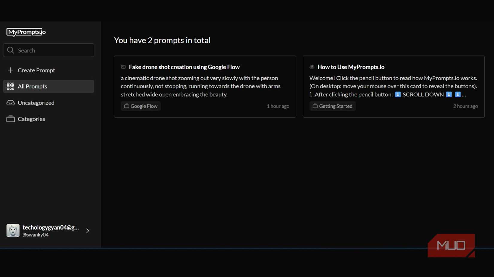 Image showing the saved prompts in the MyPrompts.io website