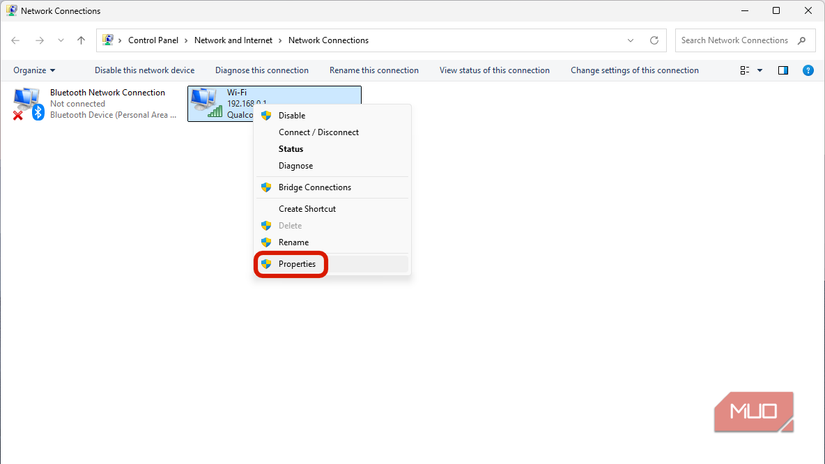 Properties tab in right click menu of the adapter in Network and connections menu.