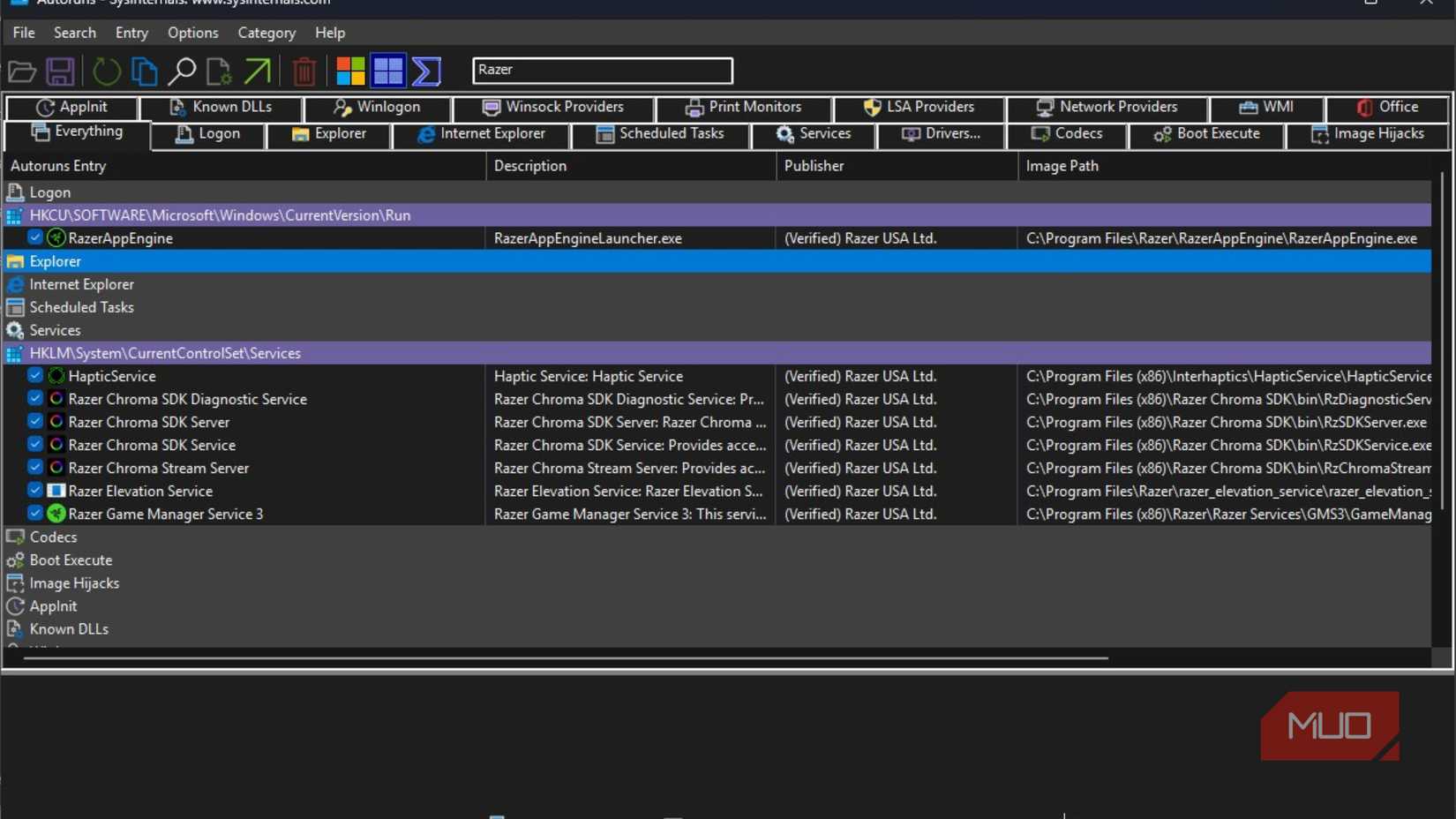 Razer entries in Autoruns