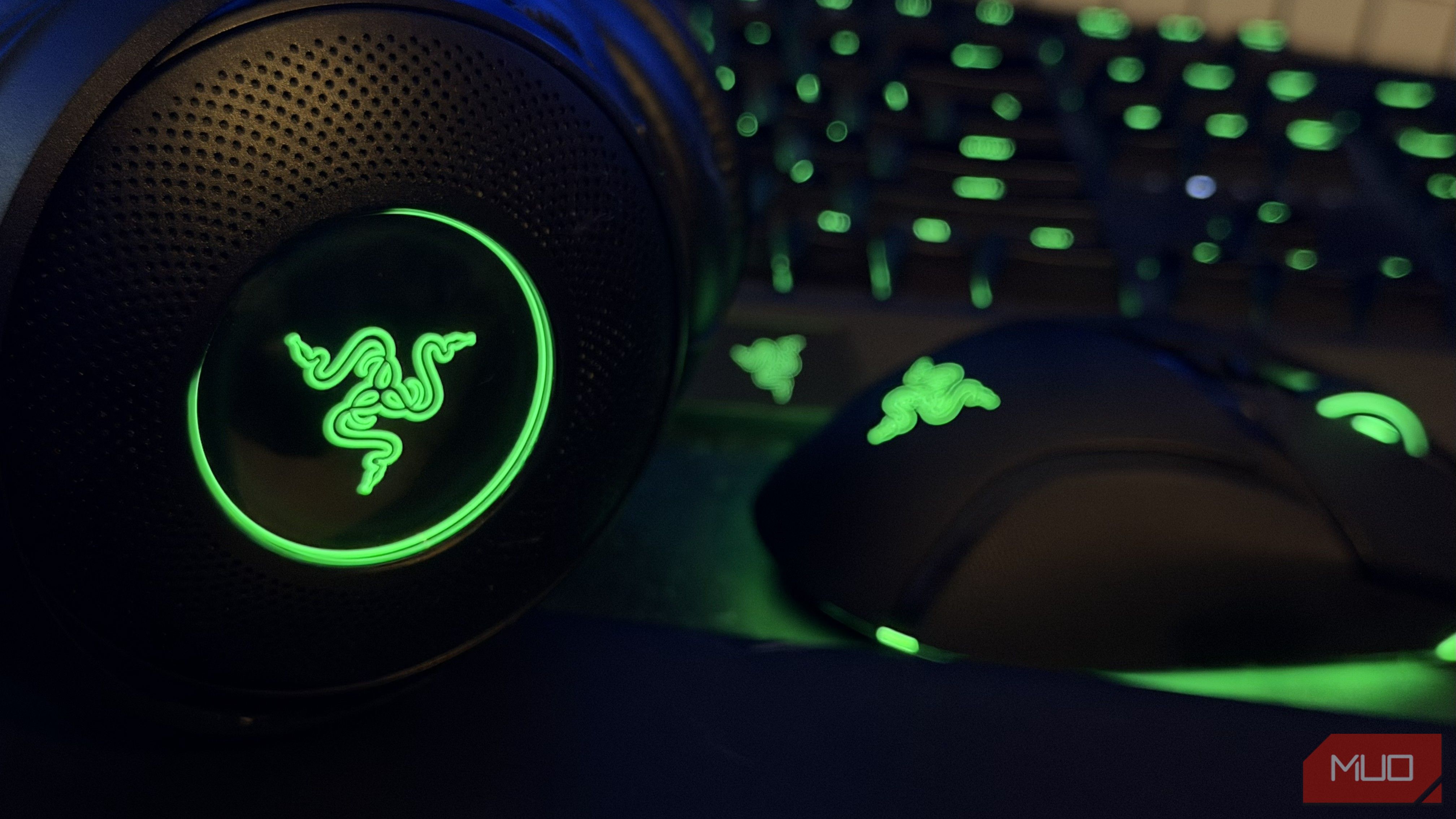 Razer mouse, Razer headset, and Razer keyboard with Chroma RGB on a desk