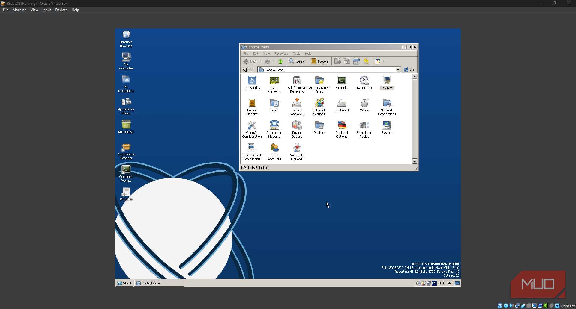 ReactOS with Control Panel open.