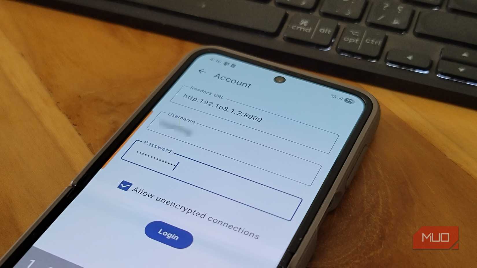 Readeck Android app account settings open on Samsung Galaxy Z Flip 6
