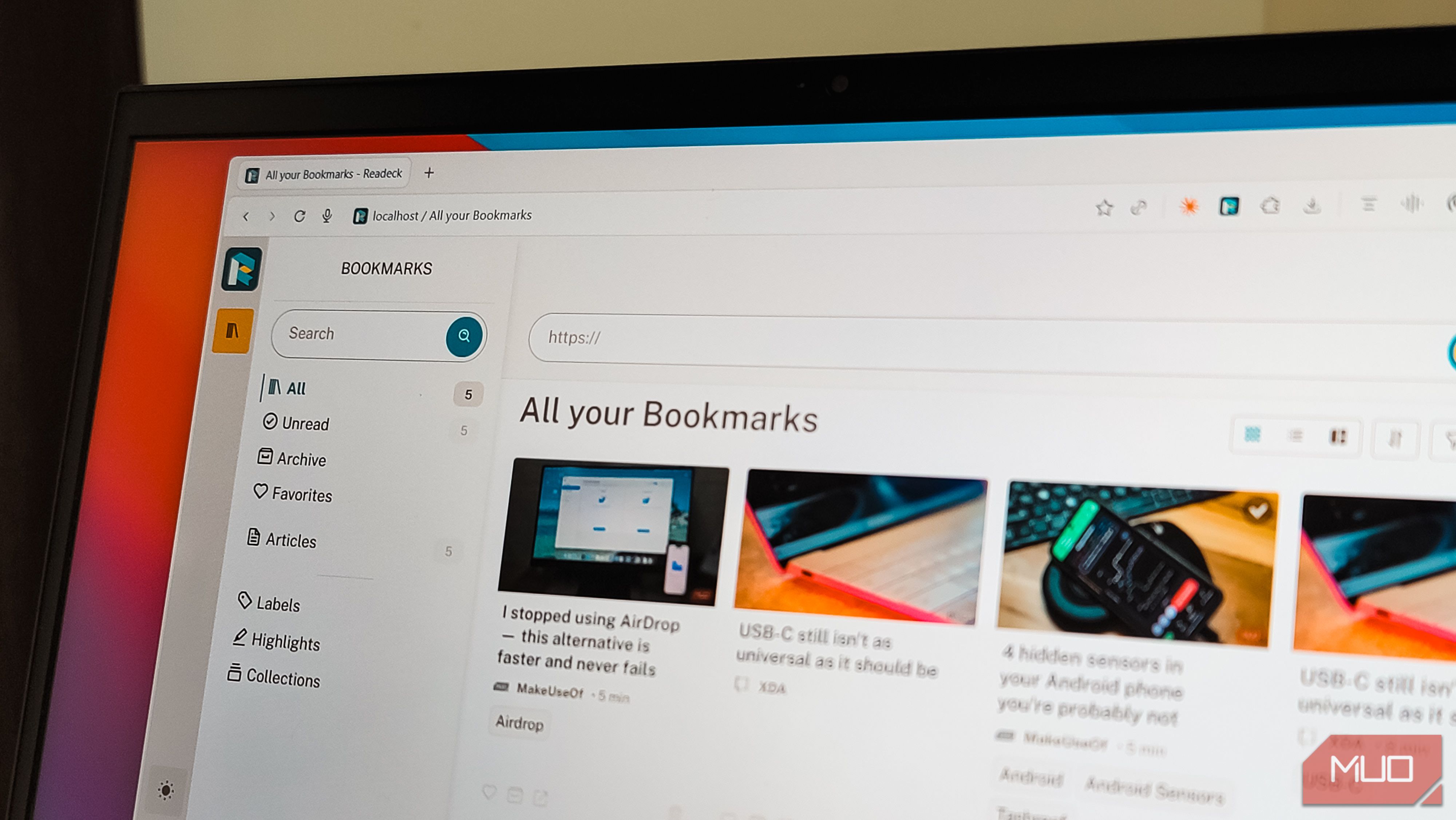Readeck app open on a Web browser on Windows 11 laptop