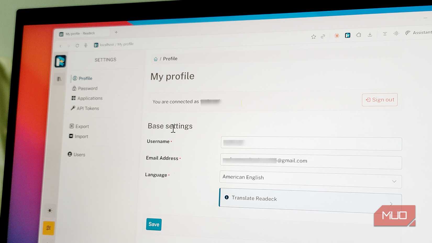 Readeck settings on Windows 11