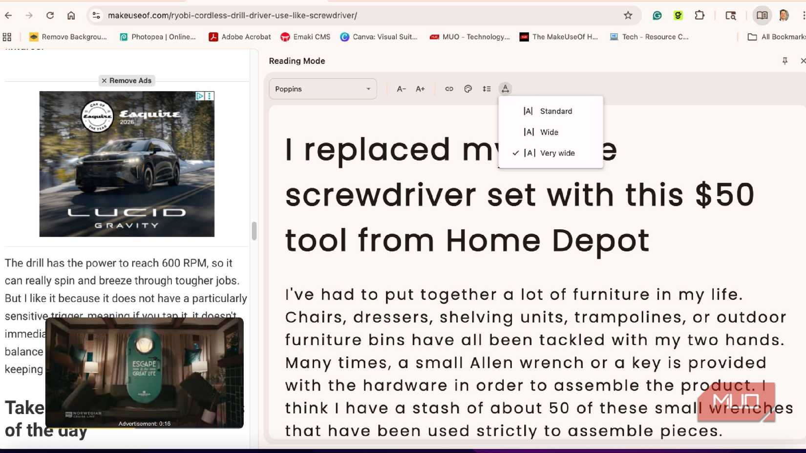 Changing the reading mode layout width