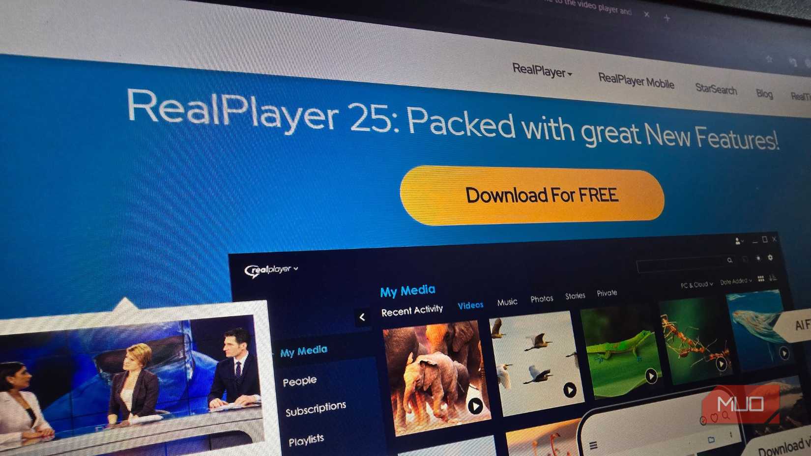 RealPlayer 25 official website screenshot on a Windows laptop