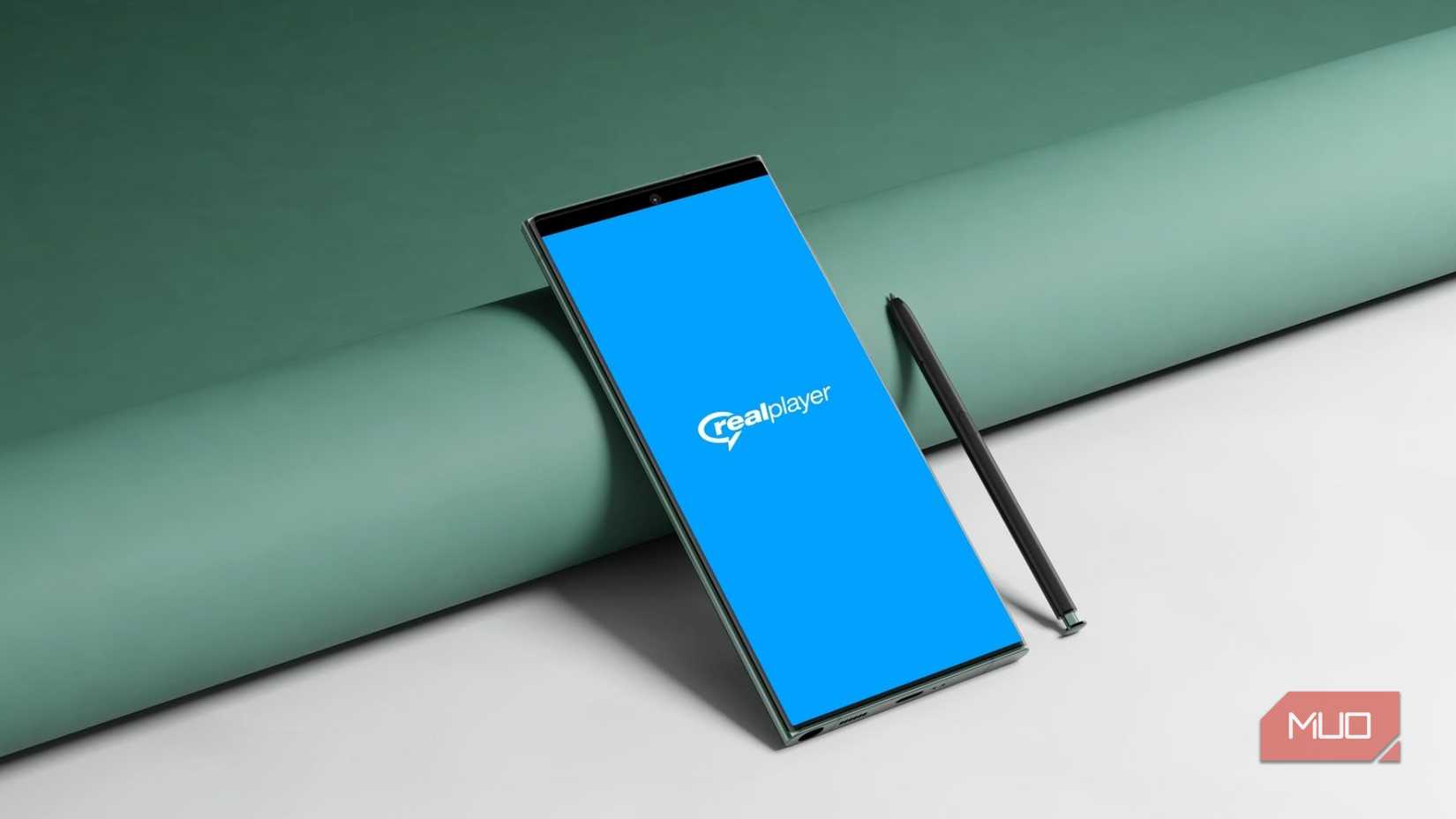 RealPlayer app logo on a Galaxy S24 Ultra smartphone mockup