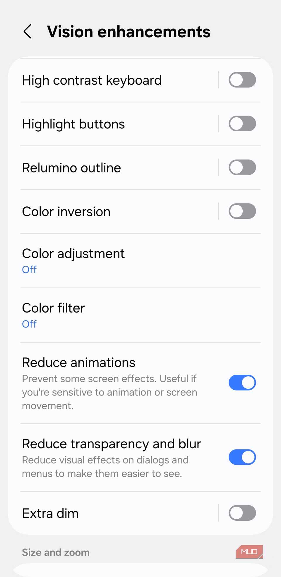 Reduce animation and transparency toggles