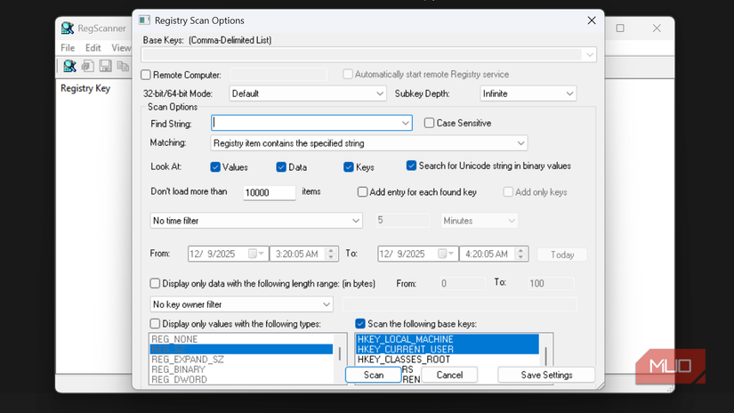 Registry Sac Options dialog box in RegScanner.