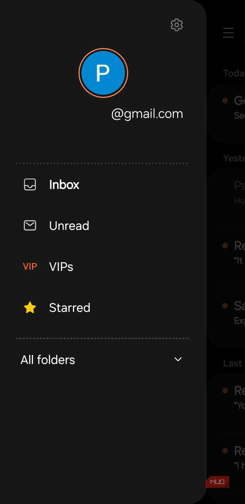 Menú de la aplicación Samsung Email en el teléfono Galaxy