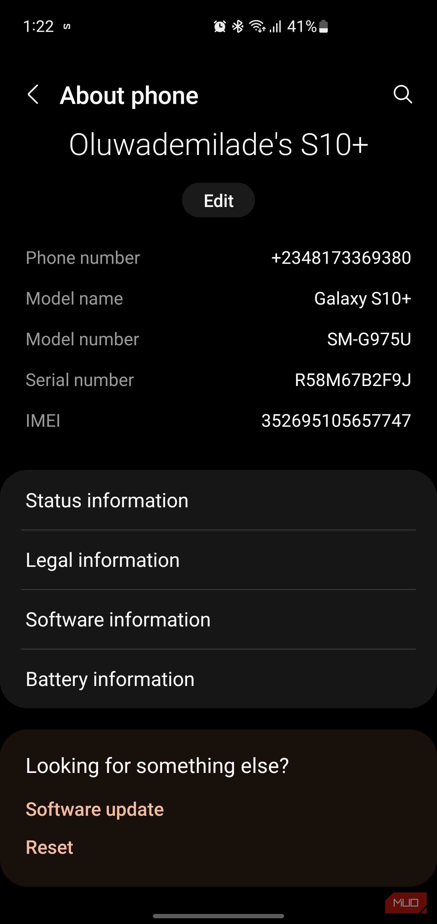 Samsung Galaxy About phone screen showing the model number and software information menu.