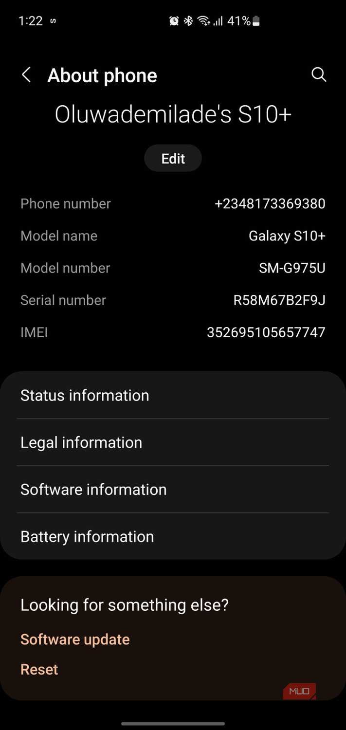 Samsung Galaxy About phone screen showing the model number and software information menu.