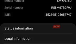 Samsung Galaxy About phone screen showing the model number and software information menu.