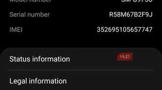 Samsung Galaxy About phone screen showing the model number and software information menu.
