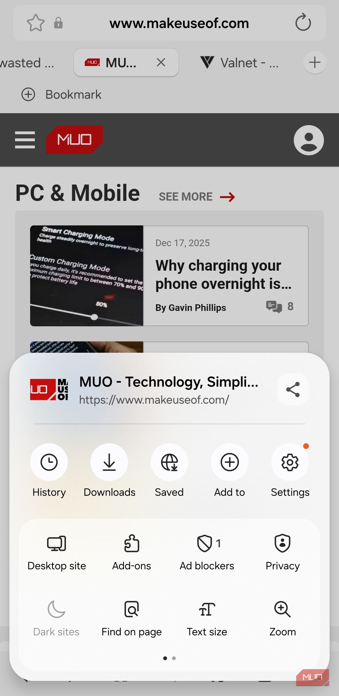 Samsung Internet menu on Galaxy phone