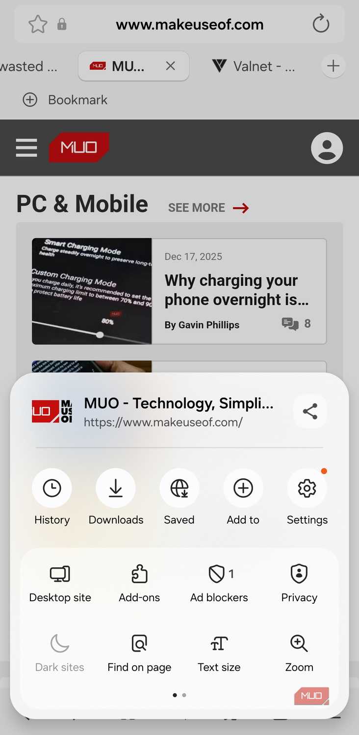 Samsung Internet menu on Galaxy phone