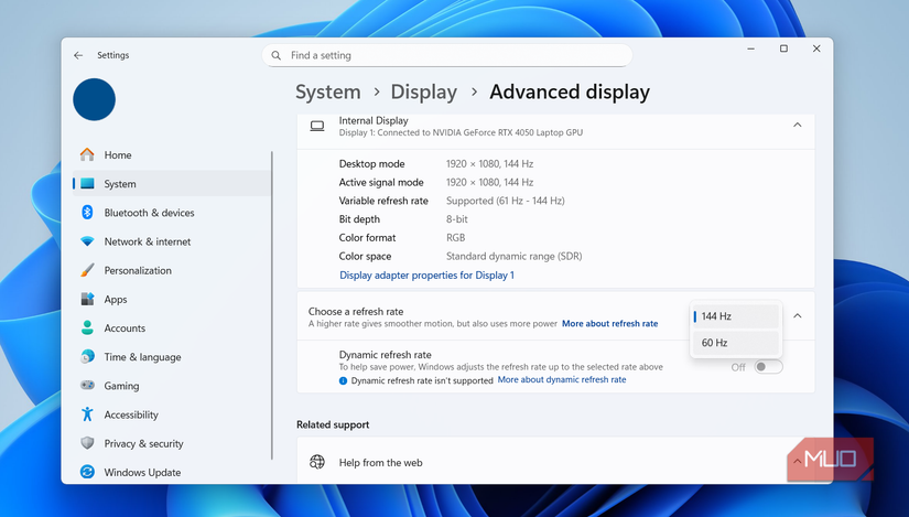 Screen refresh rate setting in Windows