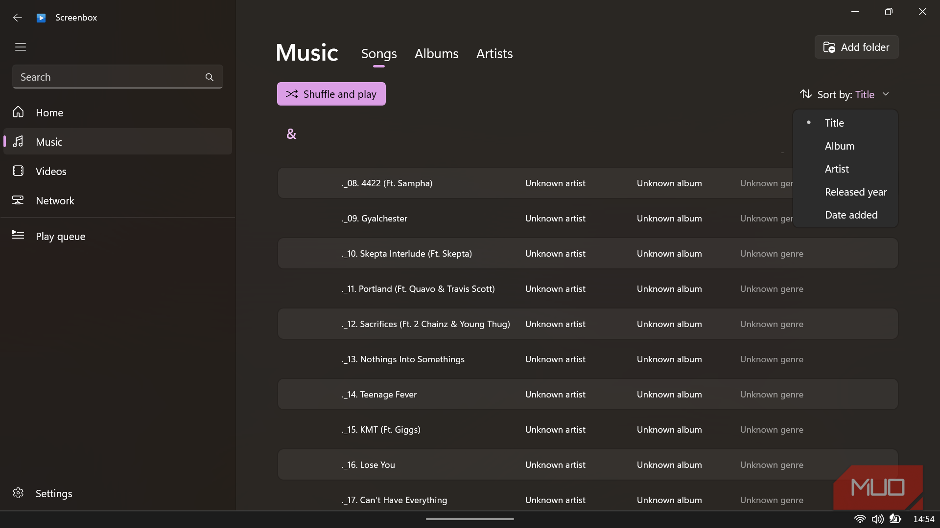 Screenbox music library view.