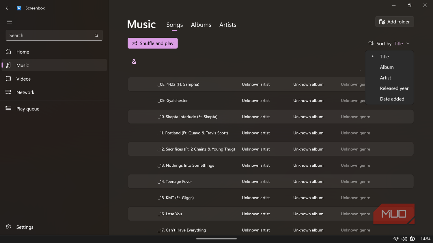 Screenbox music library view.