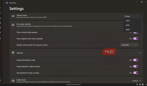 Screenbox settings menu displaying configuration options for volume boost, on-screen controls, and touch gestures.