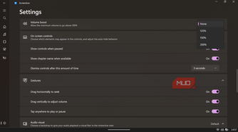 Screenbox settings menu displaying configuration options for volume boost, on-screen controls, and touch gestures.