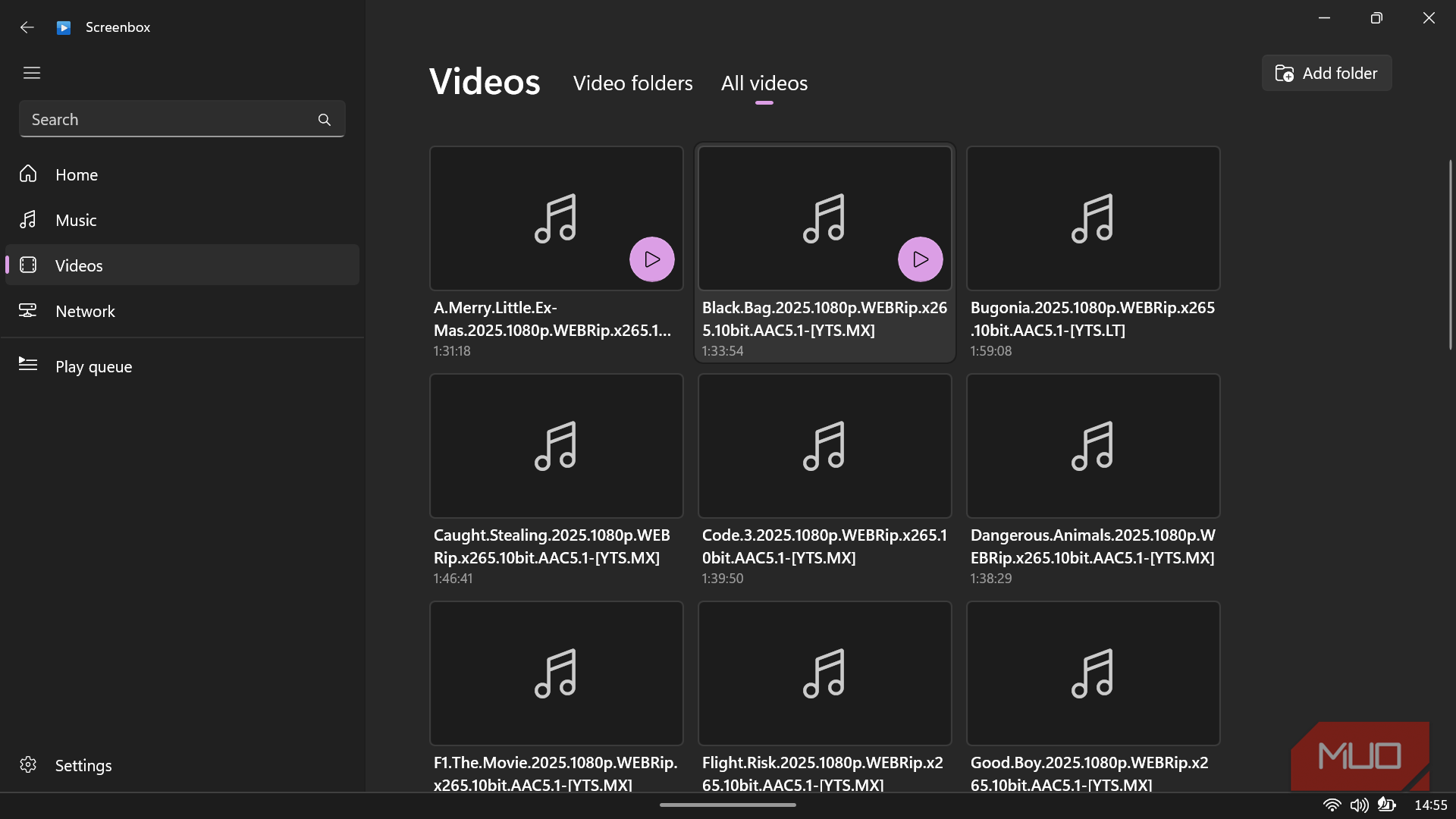 Screenbox video library view.