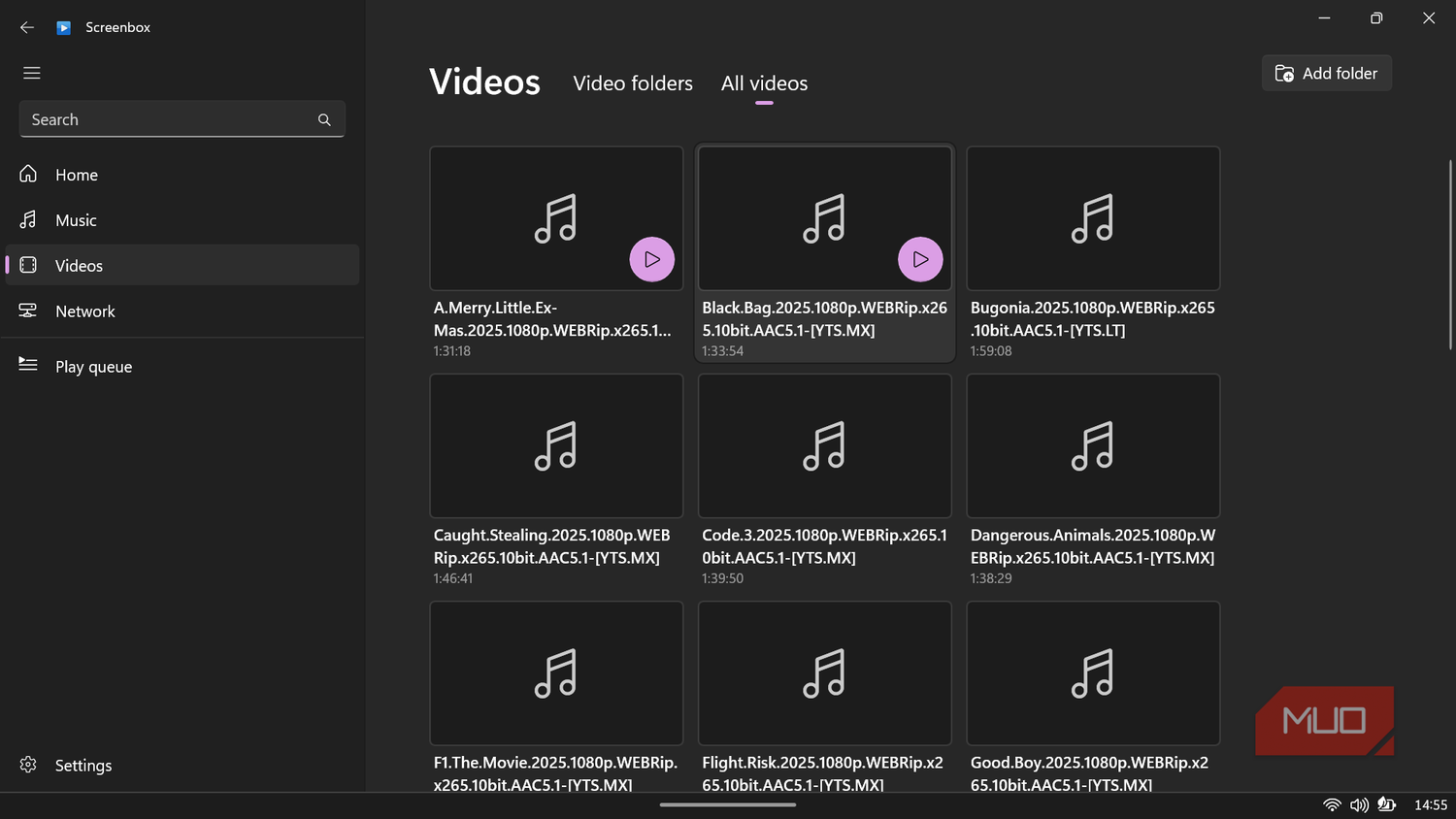 Screenbox video library view.