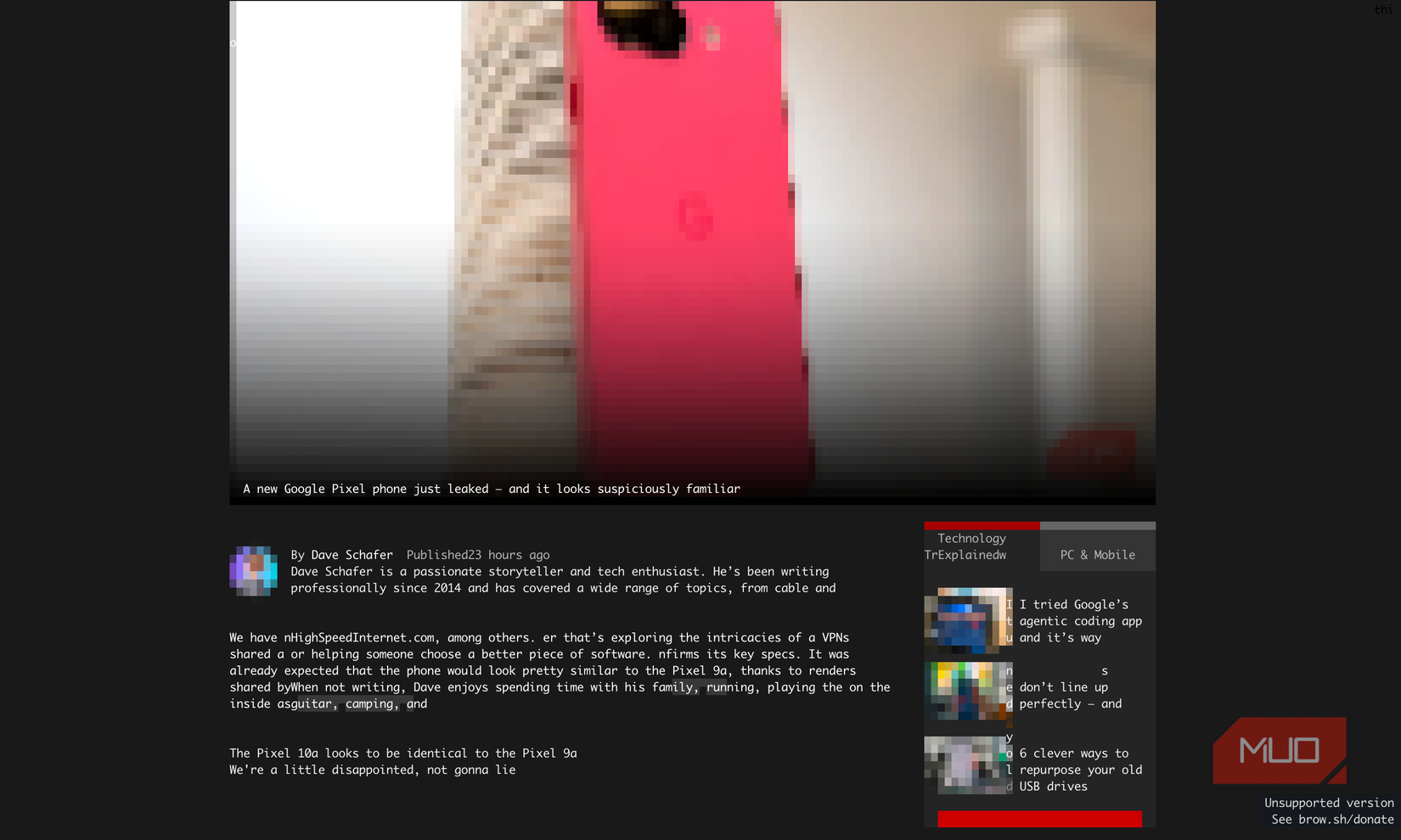 MakeUseOf article open in Browsh