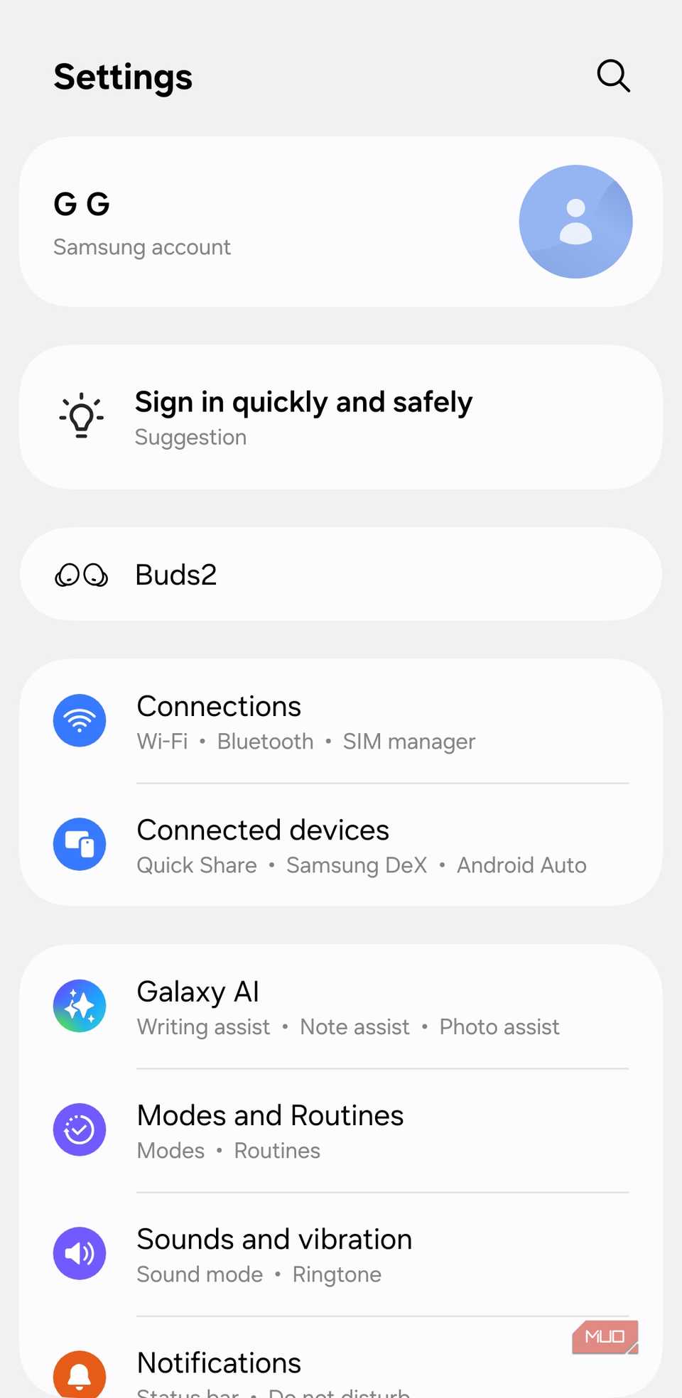 Settings menu on Samsung phone
